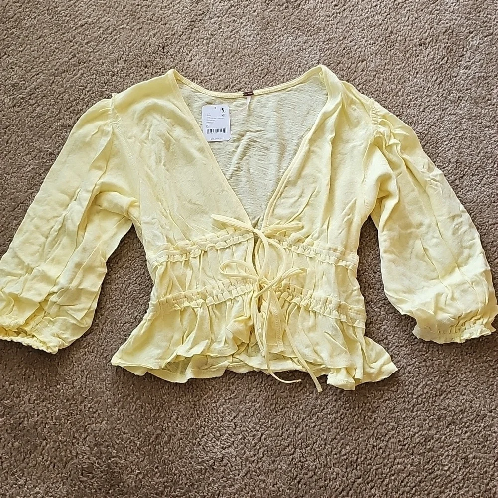 Free People Tie Front Linen Cotton Top Yellow Medium NEW